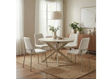 שולחן אוכל עגול נפתח 1.2-2 מטר דגם טנריף סהרה עם רגל מוקה+4 כסאות