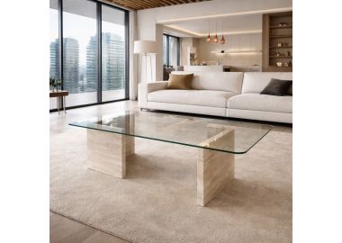 שולחן סלון זכוכית בשילוב טרוורטין דגם Vert רוחב 120 ס"מ