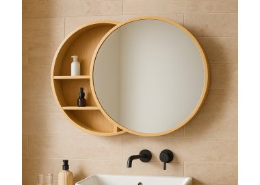 מראת קיר מעוצבת עגולה קוטר 60 ס"מ דגם סופלה עץ