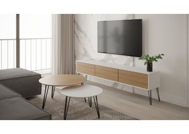 סט מזנון רוחב 2 מטר וזוג שולחנות לסלון קולקציית לבן משולב