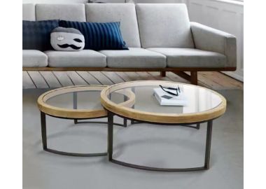 שולחן סלון זוגי עגול עם משטח זכוכית ועץ טבעי דגם 001