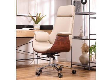 כסא משרדי עץ מכופף משולב דמוי עור קרם דגם פיניקס