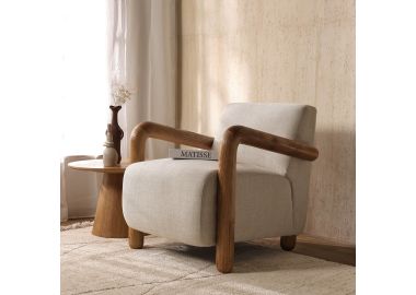 כורסא בד בגוון אבן משולבת ידיות עץ טבעי דגם ריצ'י