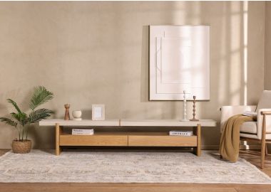 מזנון 220 ס"מ 2 מגירות פורניר אלון וקרמיקה דמוי טרוורטין דגם ג'וליאן