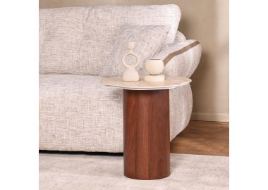 שולחן צד עגול 48 ס"מ דמוי אבן טבעית משולב פורניר אגוז דגם סטנלי