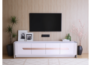 מזנון 200 ס"מ 4 דלתות MDF בגוון אפור משולב ידיות פורניר עץ דגם פוארטו 