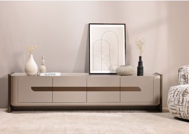 מזנון 200 ס"מ 4 דלתות MDF בגוון אפור משולב ידיות פורניר עץ דגם פוארטו 