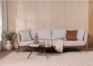 ספה תלת מושבית 240 ס"מ בד בגוון אבן משולב דמוי עור חום דגם נוי