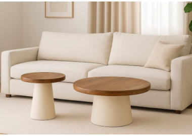 סט 2 שולחנות סלון עגולים בגוון עץ טבעי בשילוב בסיס בהיר