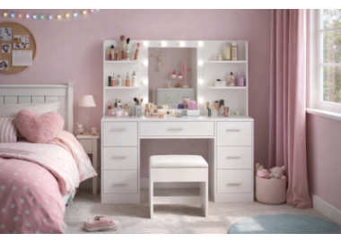 שידת איפור דגם רוני בגוון לבן כולל כסא