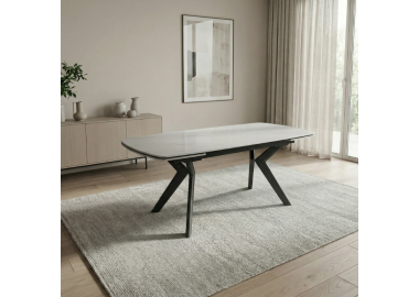 שולחן אוכל אבן קרמית נפתח 1.4-2 מטר עם רגלי ברזל דגם גפן בגוון לבן