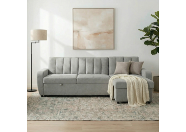 מערכת ישיבה פינתית מבד נפתחת למיטה זוגית עם ארגז מצעים דגם יונית בגוון אפור