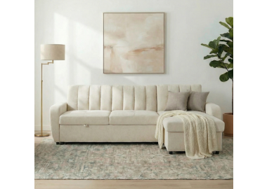 מערכת ישיבה פינתית נפתחת למיטה זוגית עם ארגז מצעים דגם יונית בגוון קרם