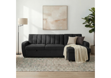 מערכת ישיבה פינתית מבד נפתחת למיטה זוגית עם ארגז מצעים דגם יונית בגוון שחור