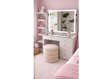 שידת איפור עם מראה ותאורת LED היקפית כולל הדום לבן-דגם שיה