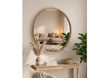 מראה עגולה מעוצבת במסגרת עץ טבעי – דגם עגול קלאסי 110 ס"מ