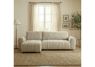 מערכת ישיבה פינתית מבד נפתחת למיטה זוגית עם ארגז מצעים דגם טופז בגוון קרם