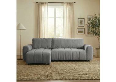 מערכת ישיבה פינתית מבד נפתחת למיטה זוגית עם ארגז מצעים דגם טופז בגוון אפור