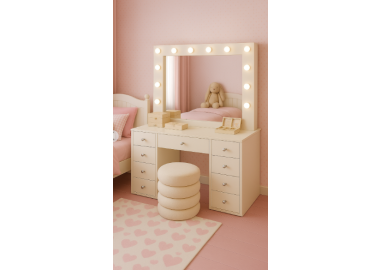 שידת איפור דגם אמיליה בעיצב בגוון לבן כולל מראה מוארת והדום