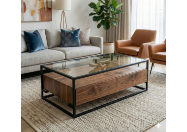 שולחן סלון בשילוב זכוכית דגם Tony גוון אגוז אמריקאי