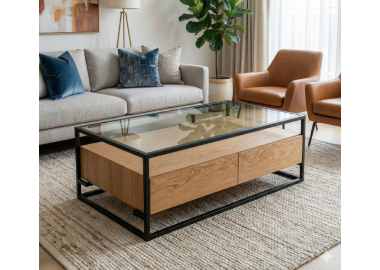 שולחן סלון בשילוב זכוכית דגם Tony גוון אלון טבעי