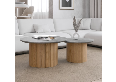 זוג שולחנות לסלון דגם Merllo גוון פורמייקה 02 ואלון טבעי