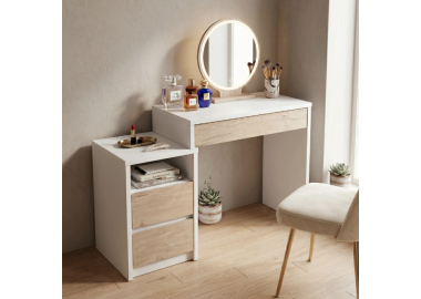 שידת איפור נפתחת צבע לבן בשילוב עץ בהיר דגם טלי