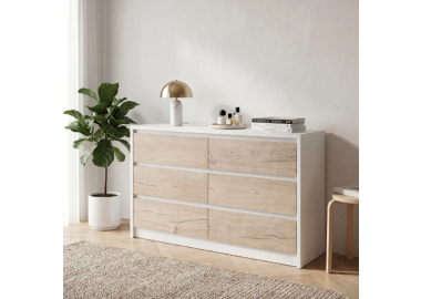 שידת קומודה 6 מגירות לבן בשילוב עץ בהיר דגם טלי