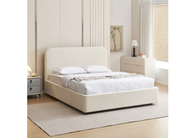 מיטה זוגית מעוצבת 160×200 בריפוד בד בוקלה עם ארגז מצעים מעץ דגם נפטון