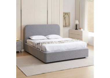 מיטה זוגית 160×200 בריפוד בד בוקלה עם ארגז מצעים מעץ דגם נוגה בגוון אפור