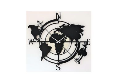שעון קיר ממתכת בעיצוב מפת עולם רוחות השמיים