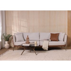 ספה תלת מושבית 180 ס"מ בד בגוון אבן משולב דמוי עור חום דגם נוי