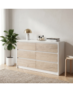 שידת קומודה 6 מגירות לבן בשילוב עץ בהיר דגם טלי